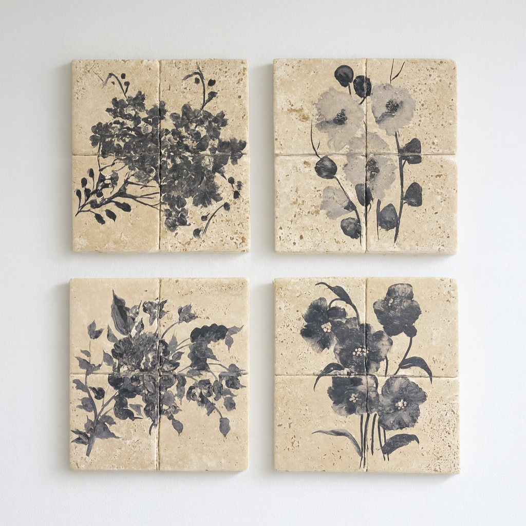 Travertin Wandbilder Set „Floral Travertin“