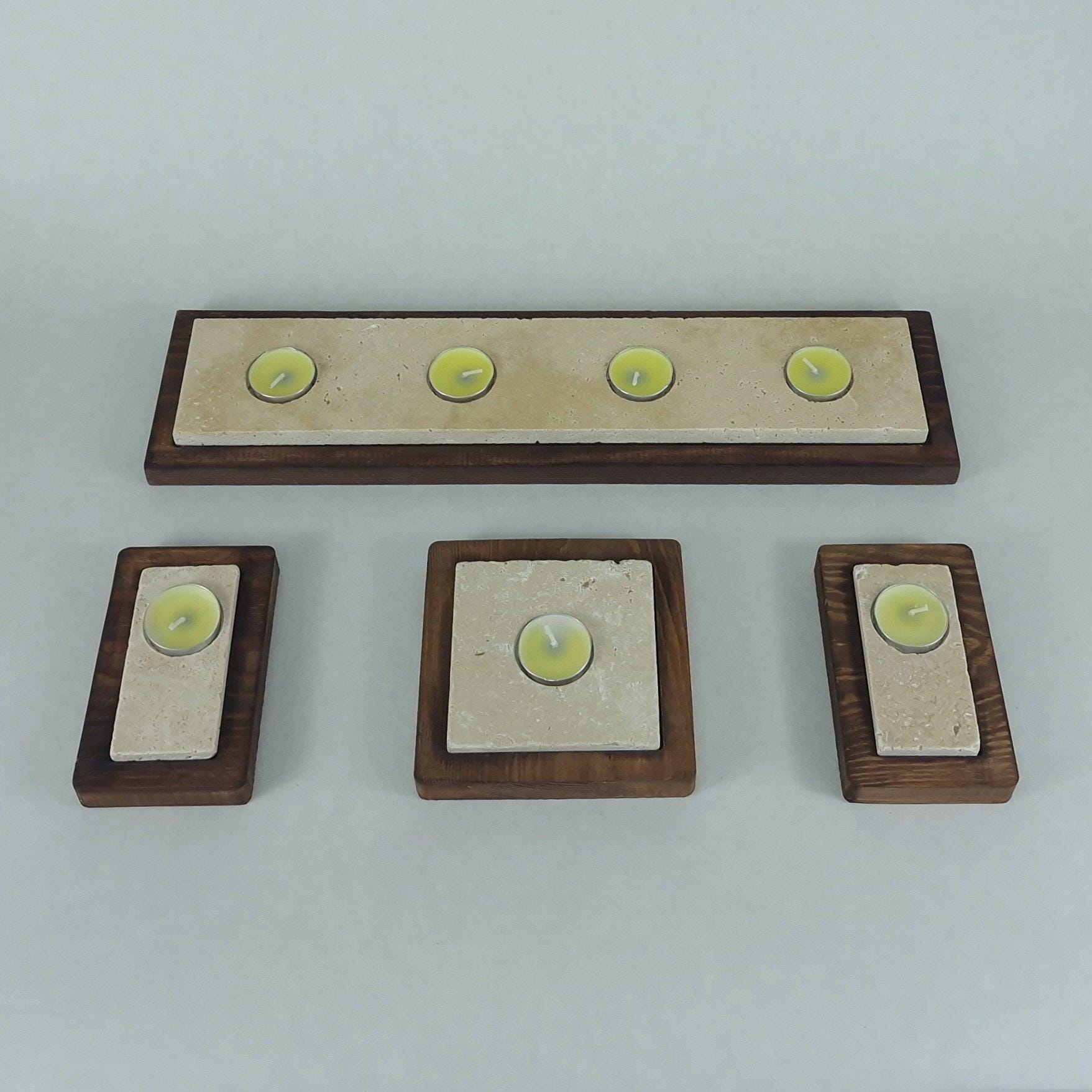 Travertin Teelichthalter Set „Travertin Classic“ mit Holzablage