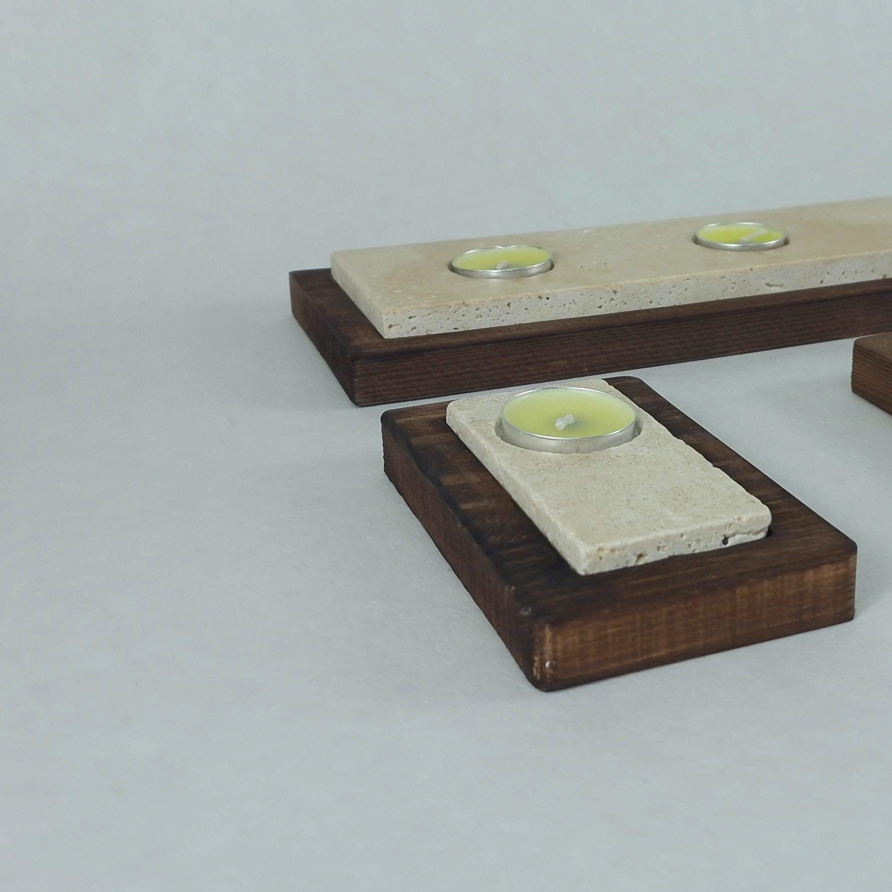 Travertin Teelichthalter Set „Travertin Classic“ mit Holzablage