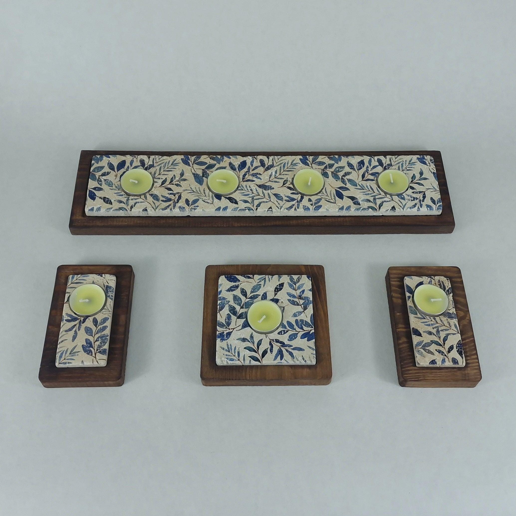 Travertin Teelichthalter Set „Floral Mosaic“ mit Holzablage