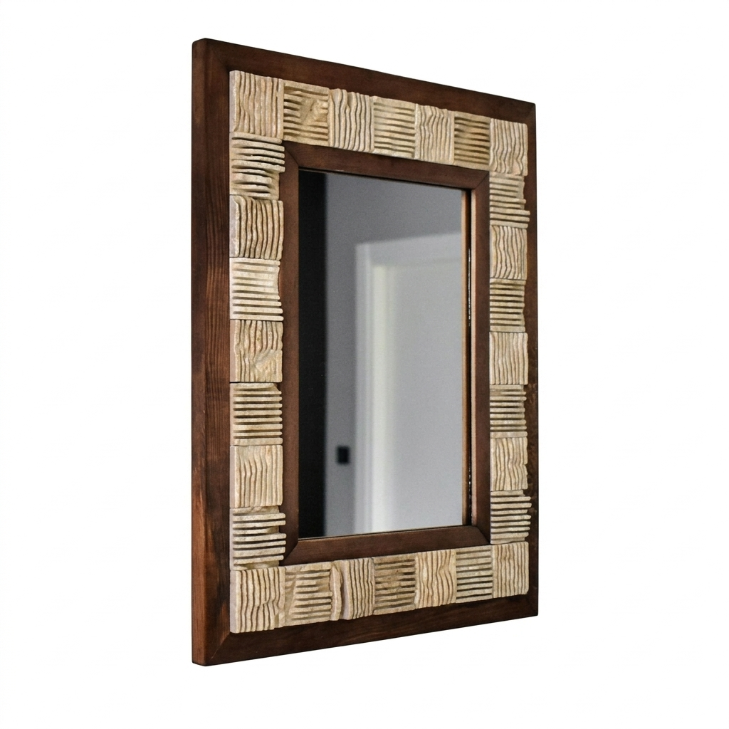 Marmor Wandspiegel „Beige Linea“ mit Holzrahmen