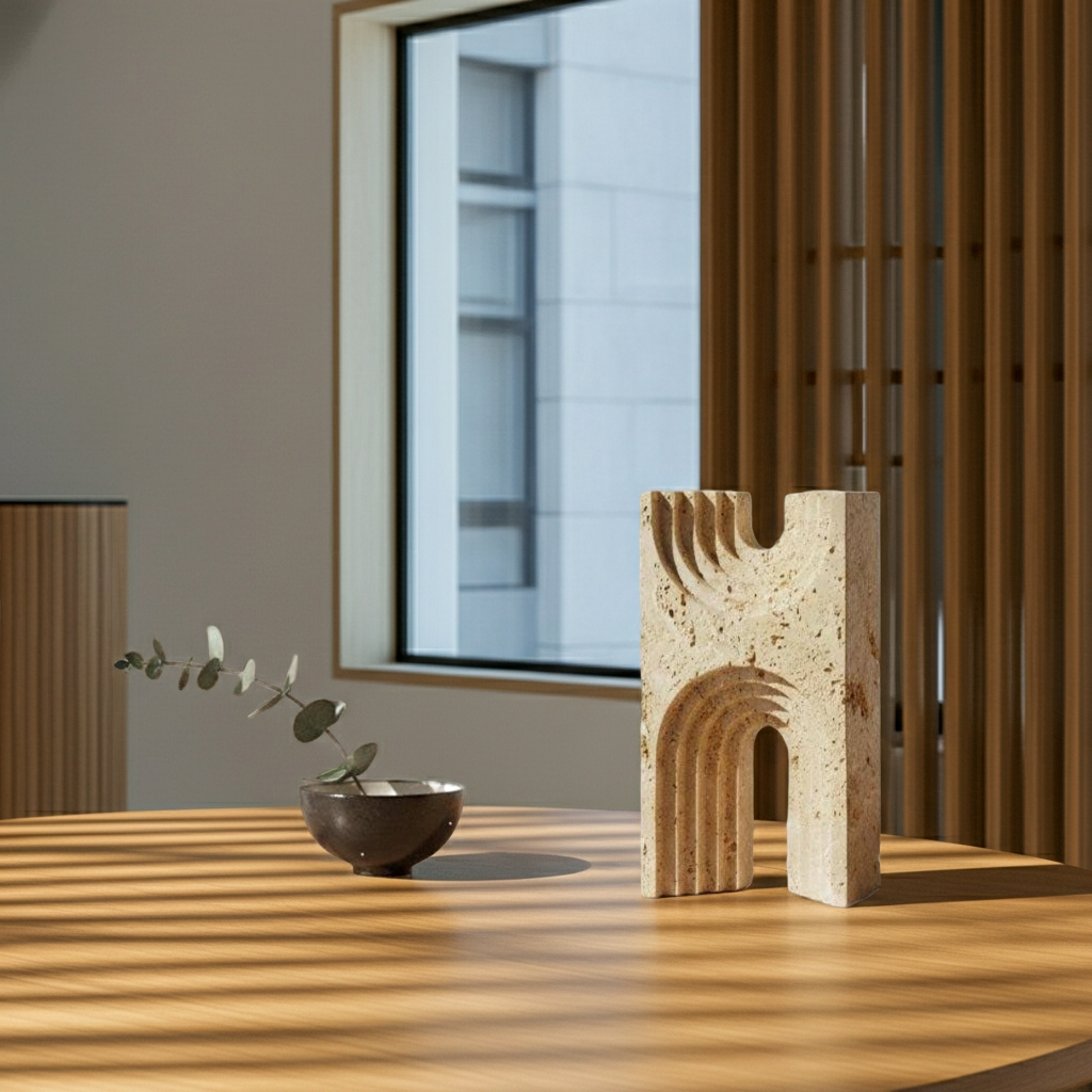 Travertin Skulptur „Arc“ – Bogen Naturstein Skulptur | Minimalistische Stein Deko