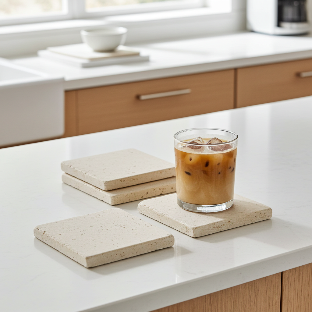 Travertin Untersetzer Set „Pure“ – 4× Naturstein Coaster Beige 10×10 cm | Stein Untersetzer mit Kork