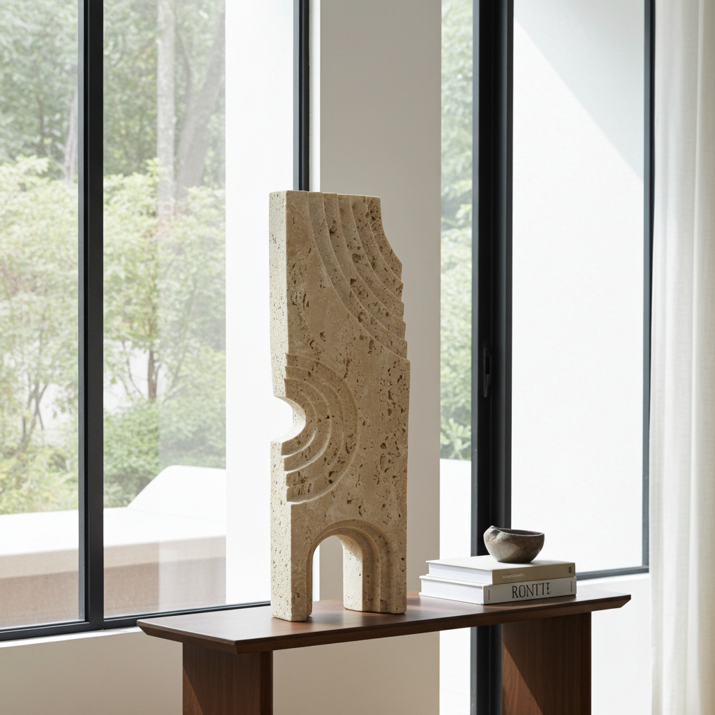 Travertin Skulptur „Archway“ – Naturstein Skulptur mit Rundbögen | Skulptur Beige 39 cm