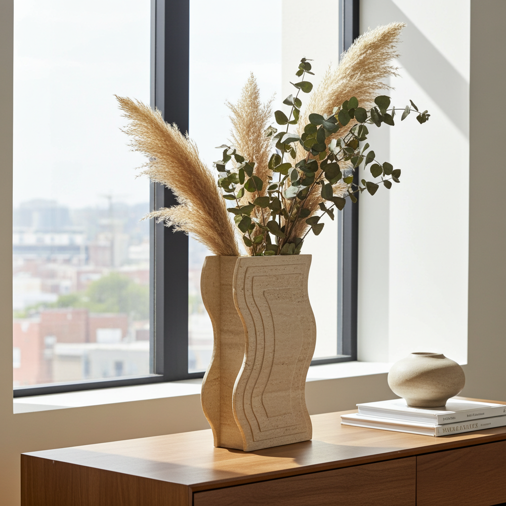 Travertin Vase „Wave“ – Wellenförmige Naturstein Vase | Moderne Travertin Deko 32 cm