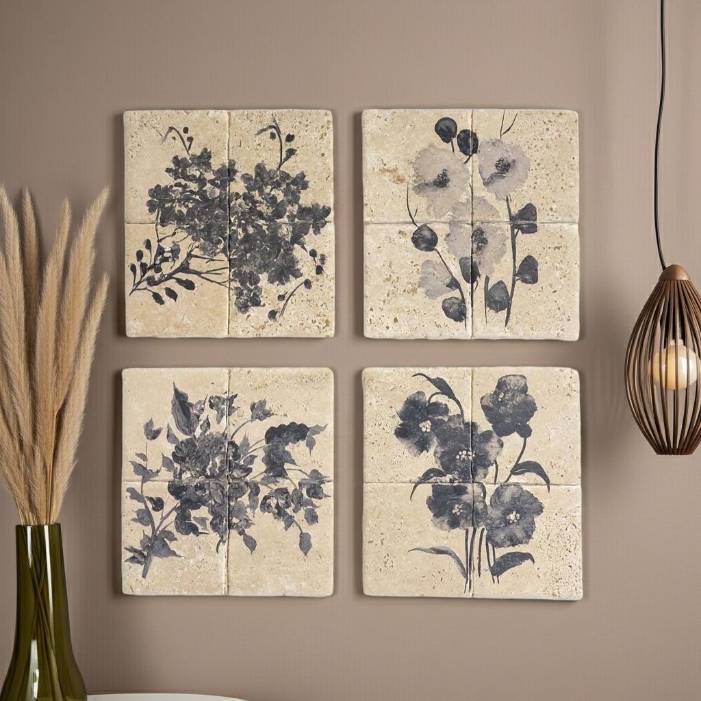 Travertin Wandbilder Set „Floral Travertin“ – 4er Naturstein Wanddeko 20×20 cm | Florale Steinplatten