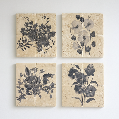 Travertin Wandbilder Set „Floral Travertin“
