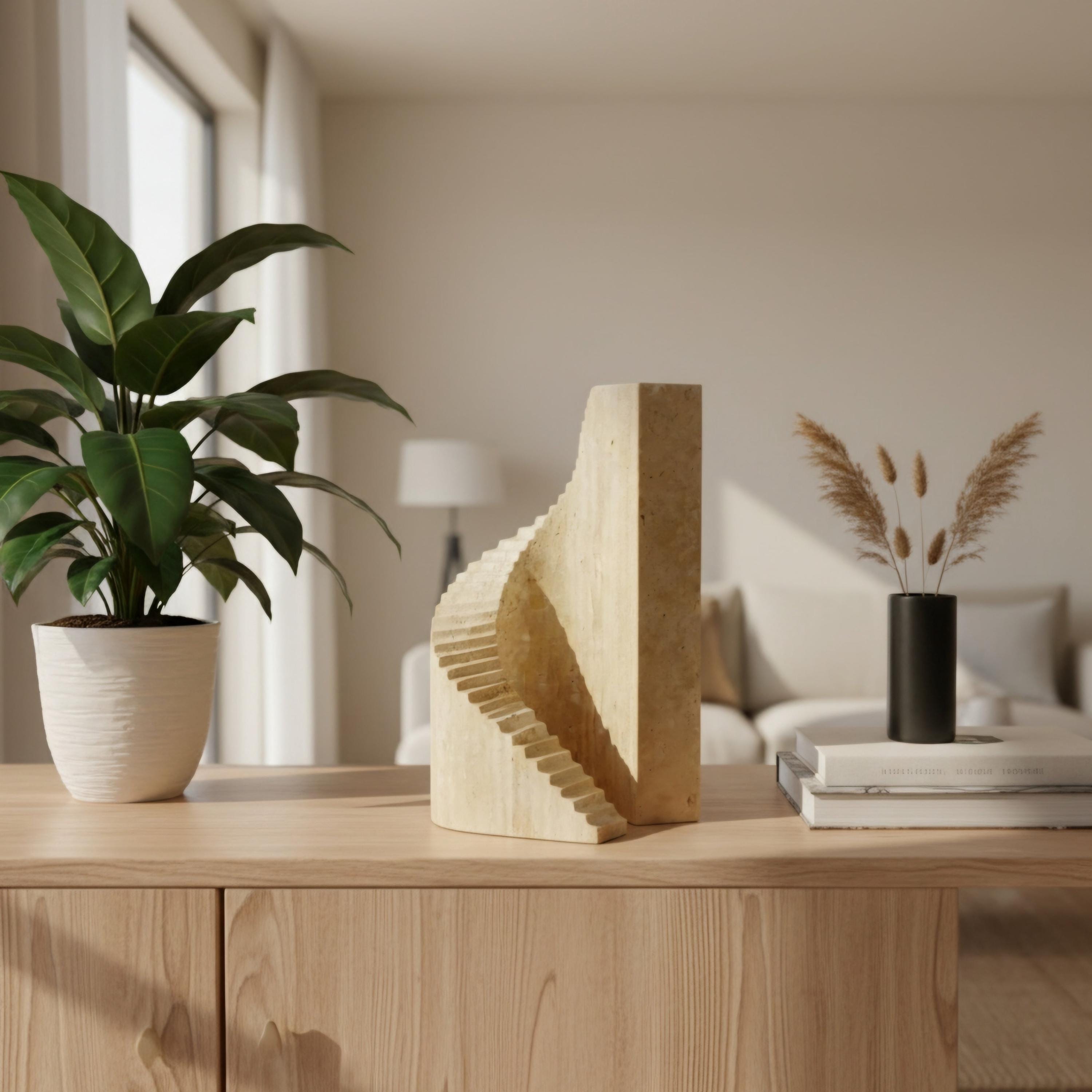 Travertin Skulptur „Stair“ – Treppenform Naturstein Objekt | Moderne Skulptur Beige