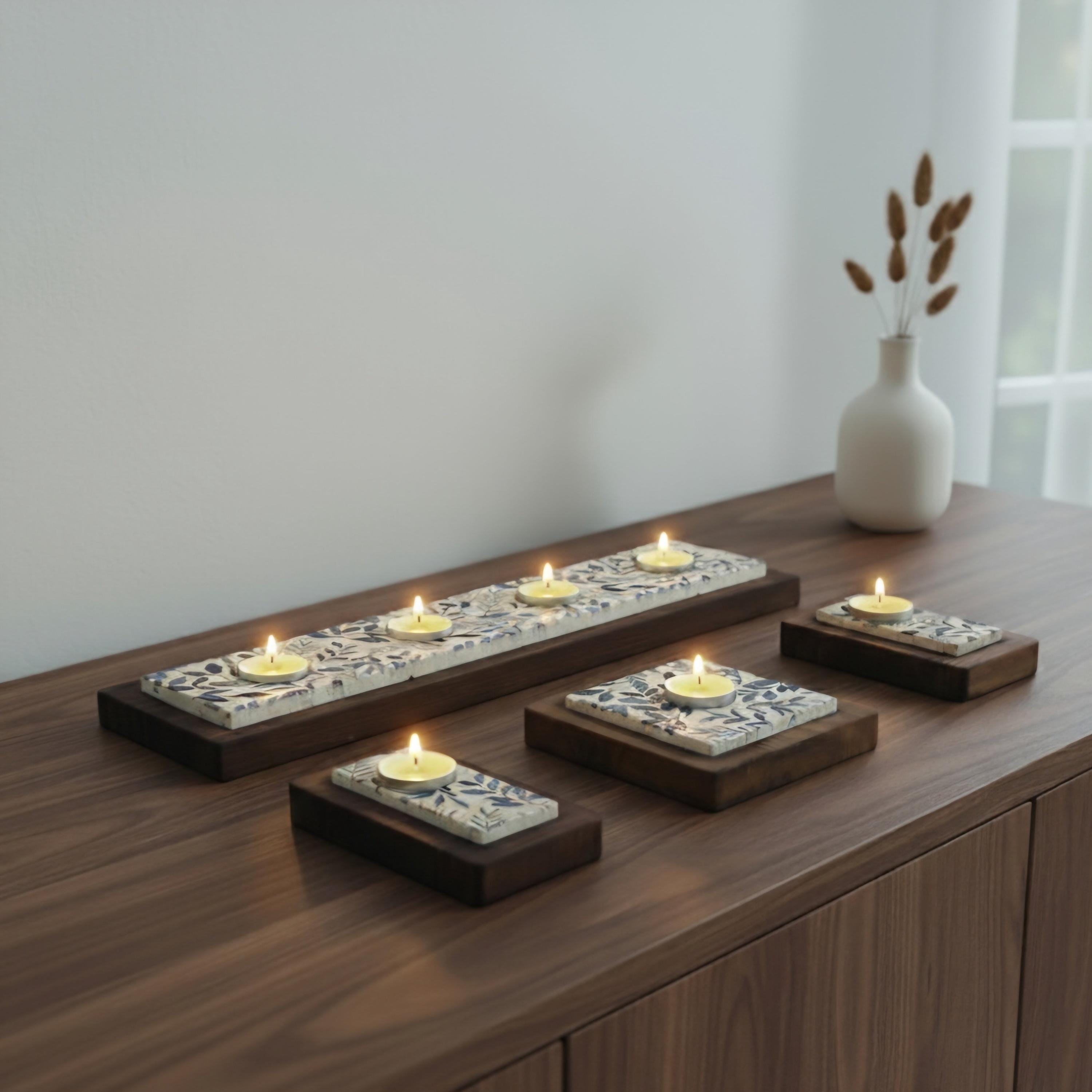 Teelichthalter Set „Floral Mosaic“ – Naturstein & Holz | Handbemalte Kerzenhalter Blau & Creme