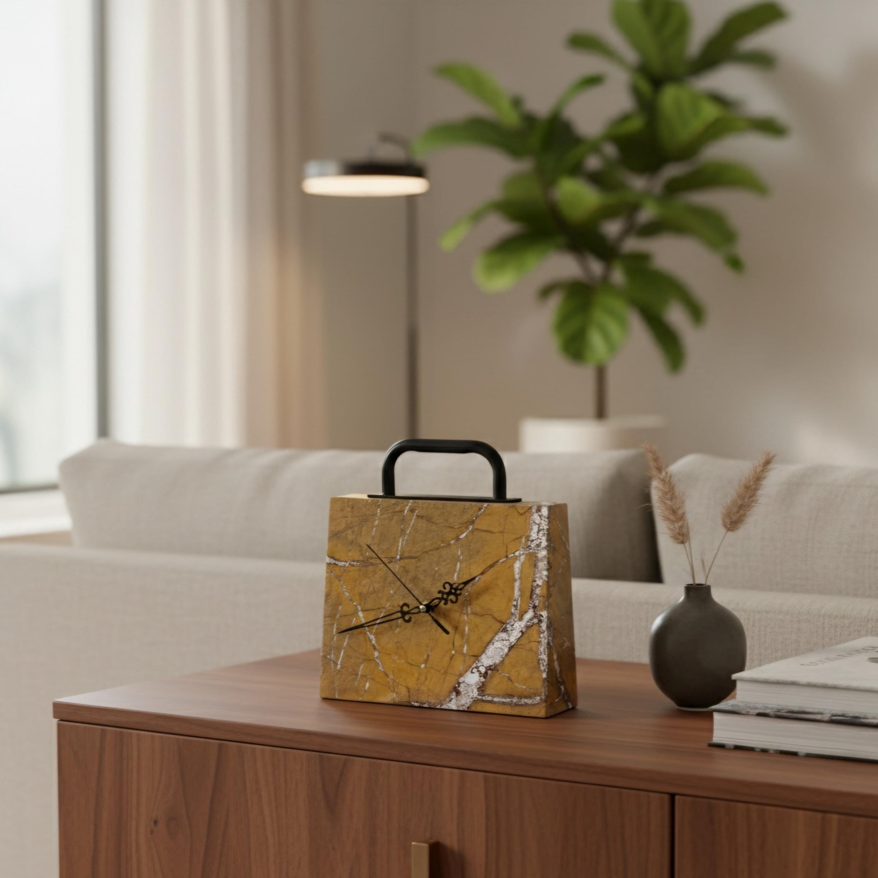 Marmor Tischuhr „Amber Vein“ – Naturstein Uhr Goldbraun | Design Deko Uhr mit weißen Adern