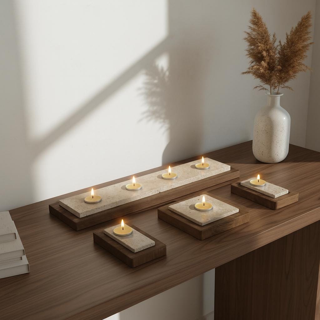 Teelichthalter Set „Travertin Classic“ – Holz & Naturstein | 4× Kerzenhalter modern