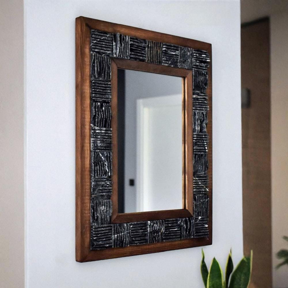 Marmor Wandspiegel „Noir Frame“ – Schwarzer Marmor & Holz | Luxuriöser Design Spiegel 40×50 cm