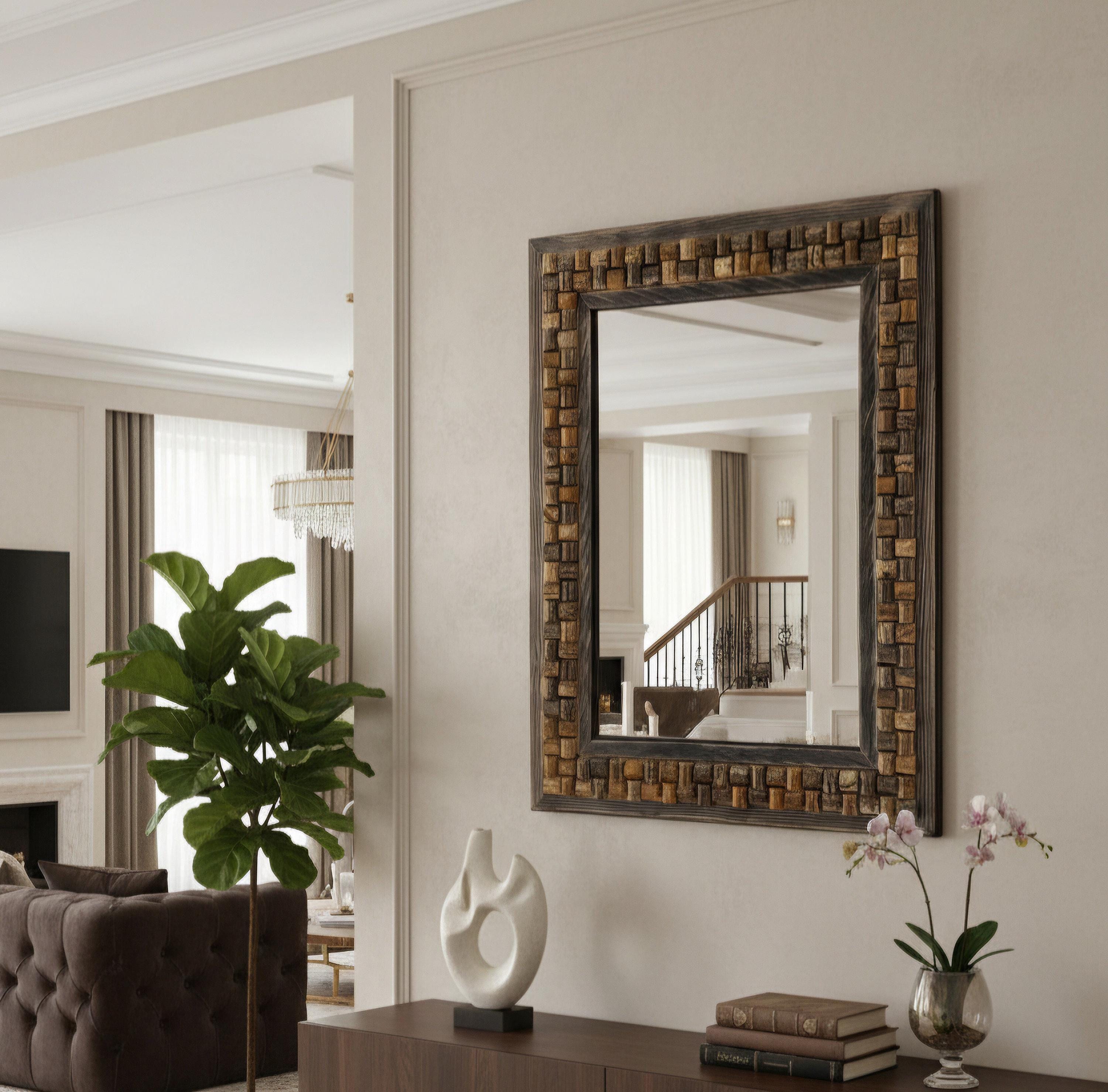 Travertin Wandspiegel „Mystic Travertin“ – Naturstein & Holz Rahmen | Handgefertigter Spiegel 48×63 cm