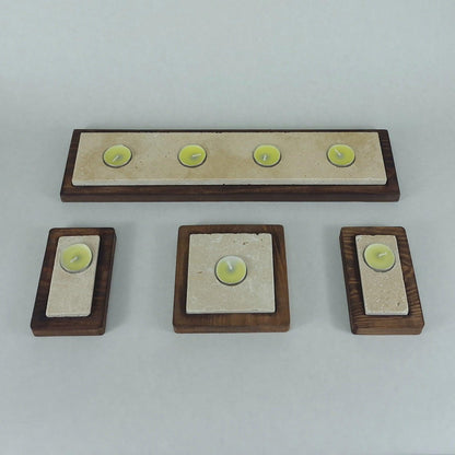 Travertin Teelichthalter Set „Travertin Classic“ mit Holzablage