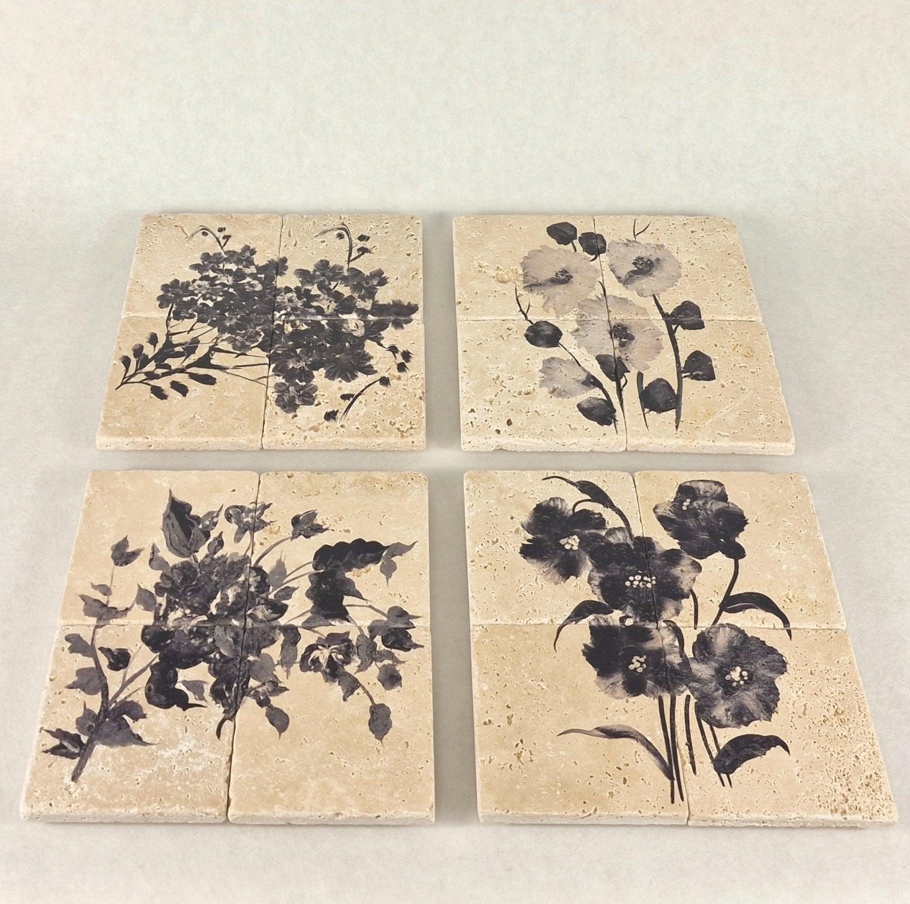 Travertin Wandbilder Set „Floral Travertin“ – 4er Naturstein Wanddeko 20×20 cm | Florale Steinplatten