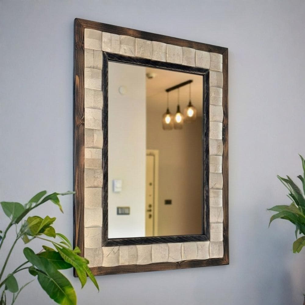 Marmor Wandspiegel „Sahara“ – Naturstein Spiegel Beige & Holz | Moderner Marmorspiegel 50×65 cm