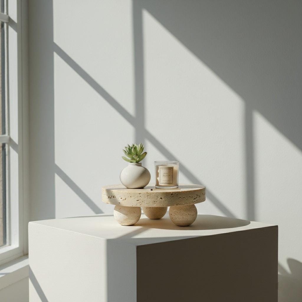 Travertin Podest „Base“ – Rundes Naturstein Podest mit Kugelfüßen | Skulpturales Display Ø23 cm