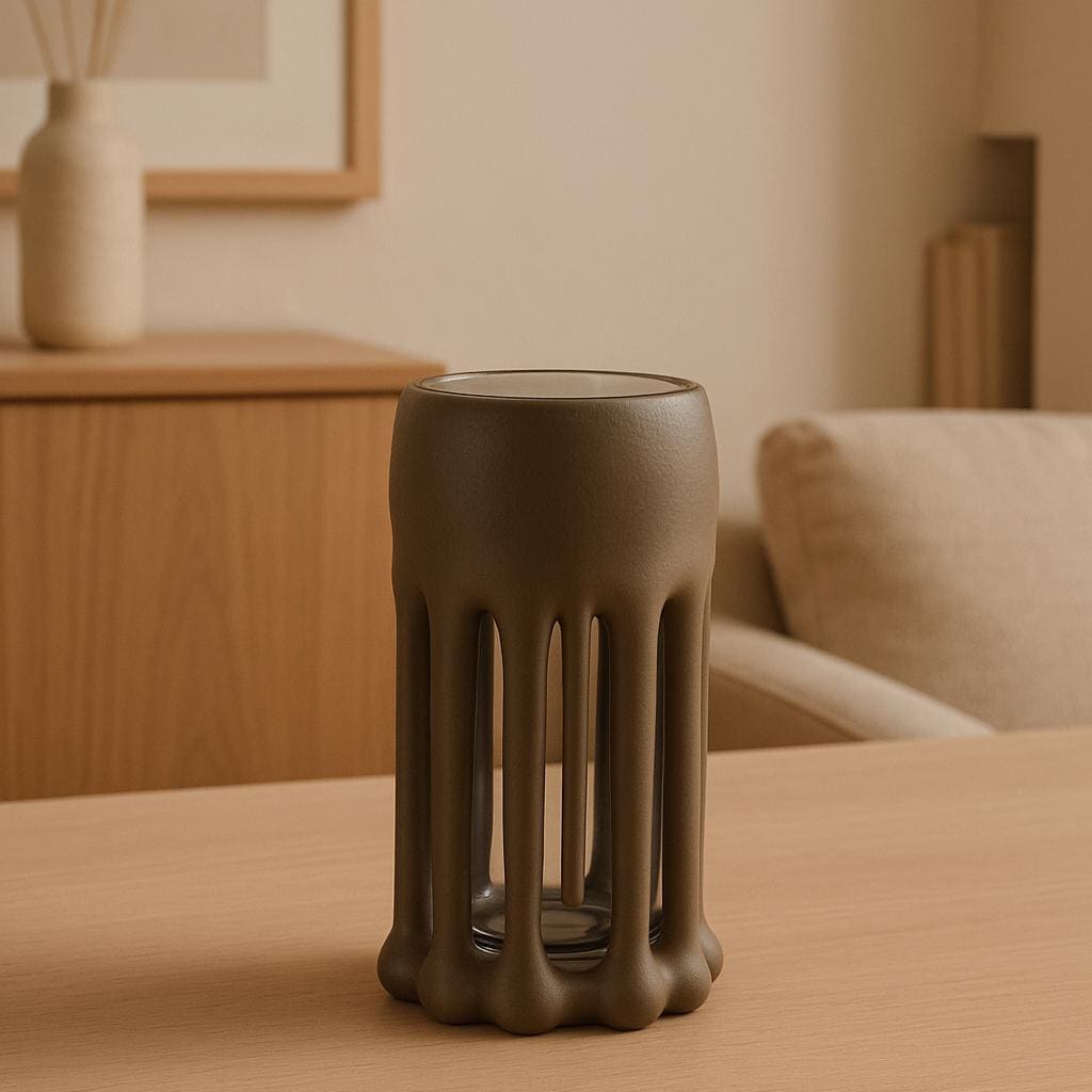 Design Vase „Drip“ – Organische Resin Vase Braun mit Glas | Moderne Kunstvase 22 cm