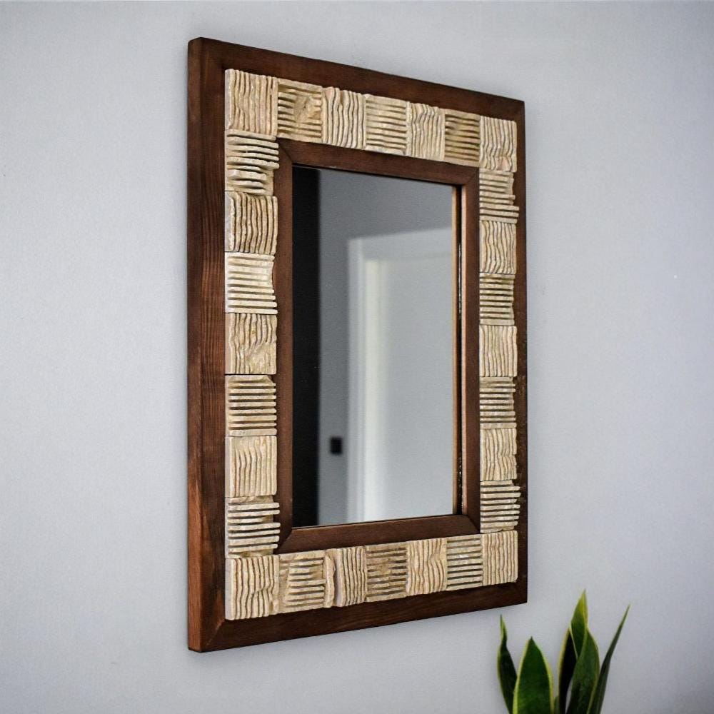 Marmor Wandspiegel „Beige Linea“ – Naturstein Spiegel Beige | Moderner Wandspiegel 40×50 cm