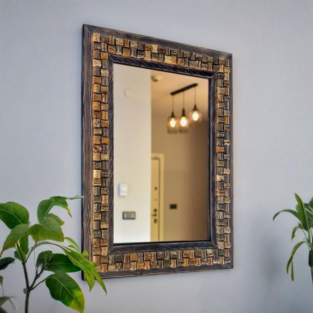 Travertin Wandspiegel „Mystic Travertin“ – Naturstein & Holz Rahmen | Handgefertigter Spiegel 48×63 cm