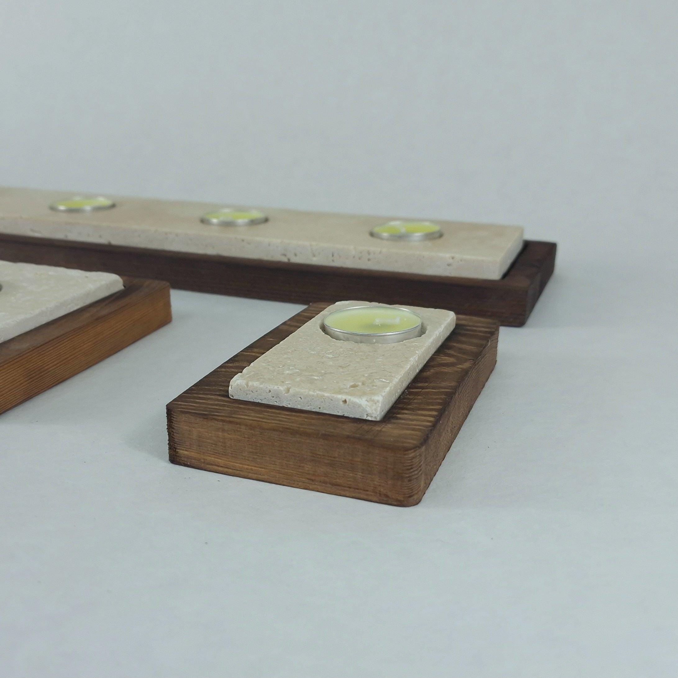 Teelichthalter Set „Travertin Classic“ – Holz & Naturstein | 4× Kerzenhalter modern