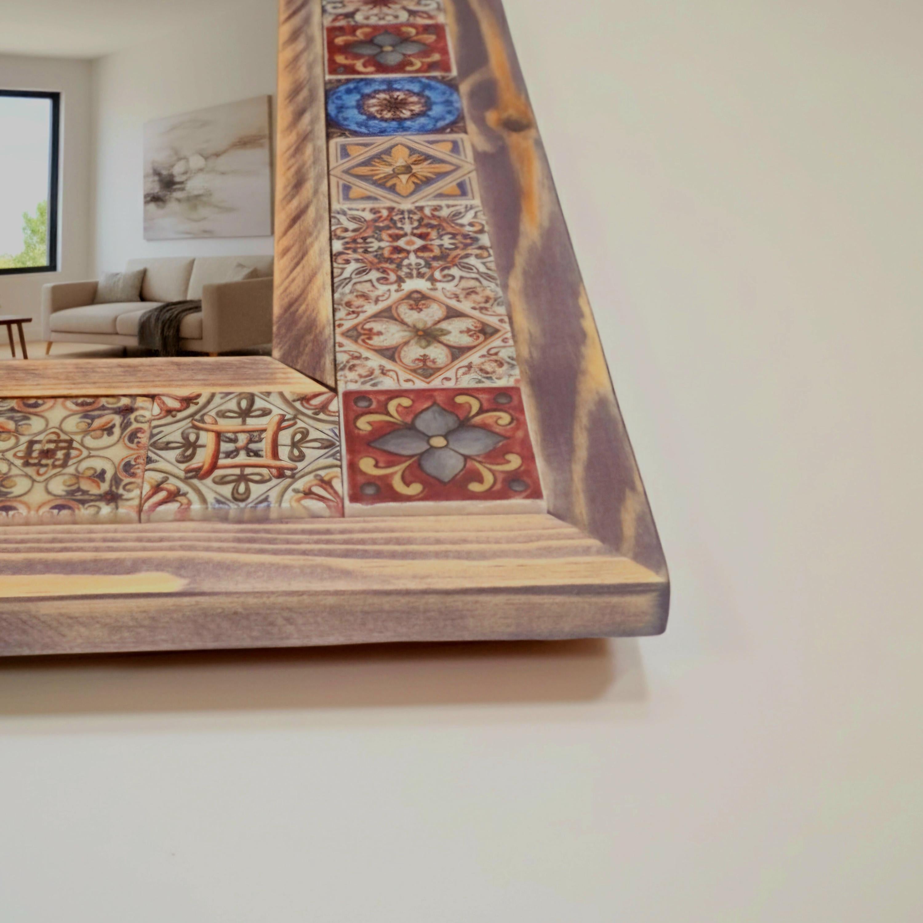 Marmor Wandspiegel „Iznik“ – Naturstein Holzrahmen | Moderner Wandspiegel Beige 48×63 cm