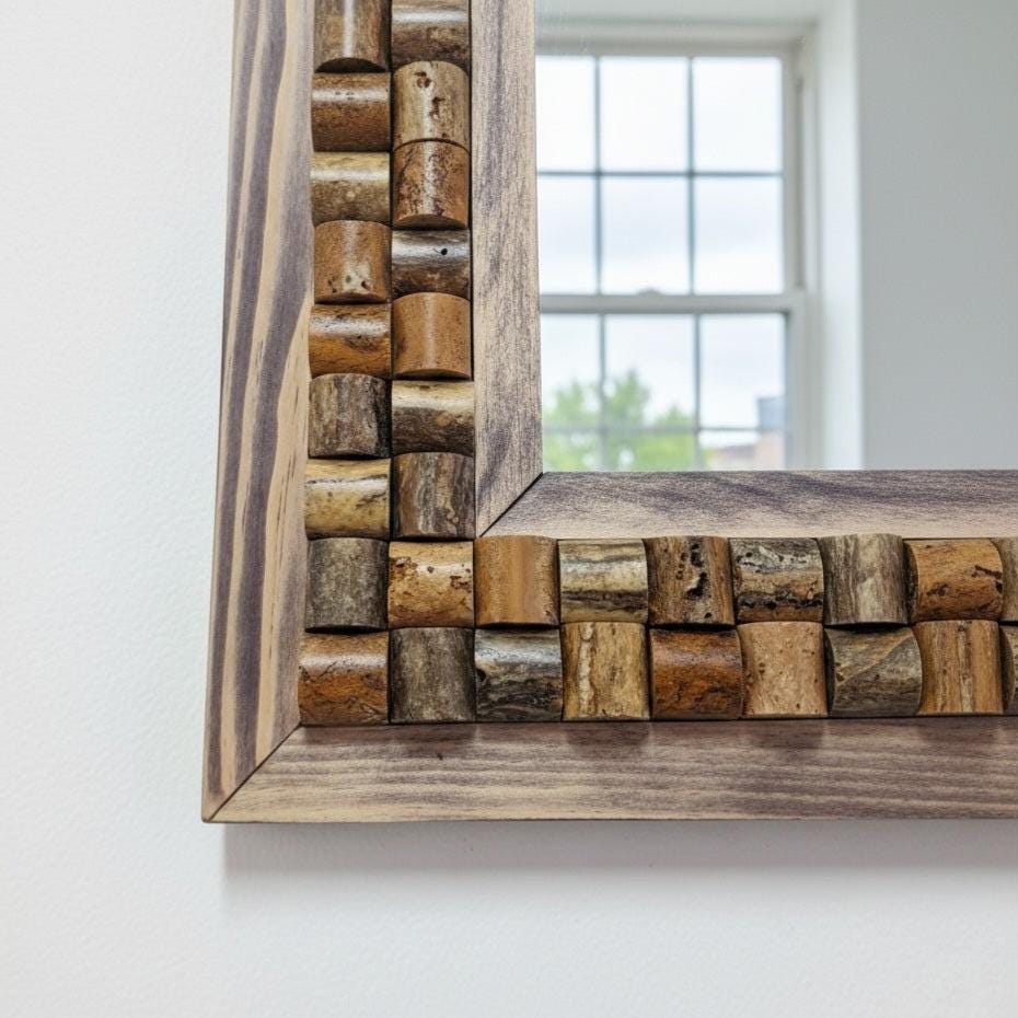 Travertin Wandspiegel „Mystic Travertin“ – Naturstein & Holz Rahmen | Handgefertigter Spiegel 48×63 cm