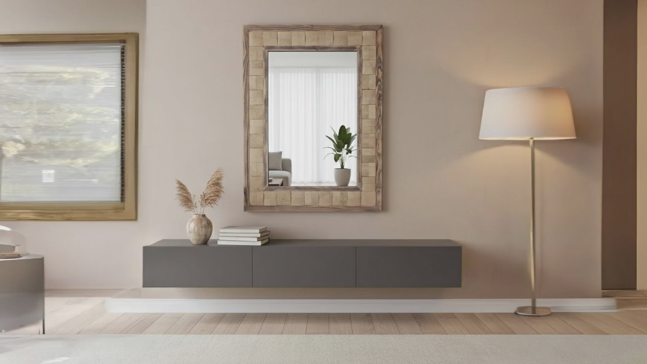 Video laden: Marmor Wandspiegel „Sahara“ mit Holzrahmen