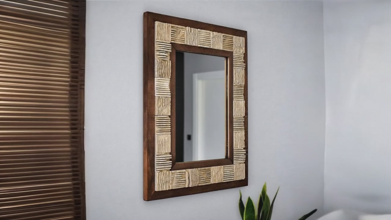 Video laden: Marmor Wandspiegel „Beige Linea“ mit Holzrahmen