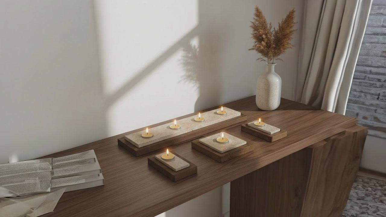 Video laden: Travertin Teelichthalter Set „Travertin Classic“ mit Holzablage